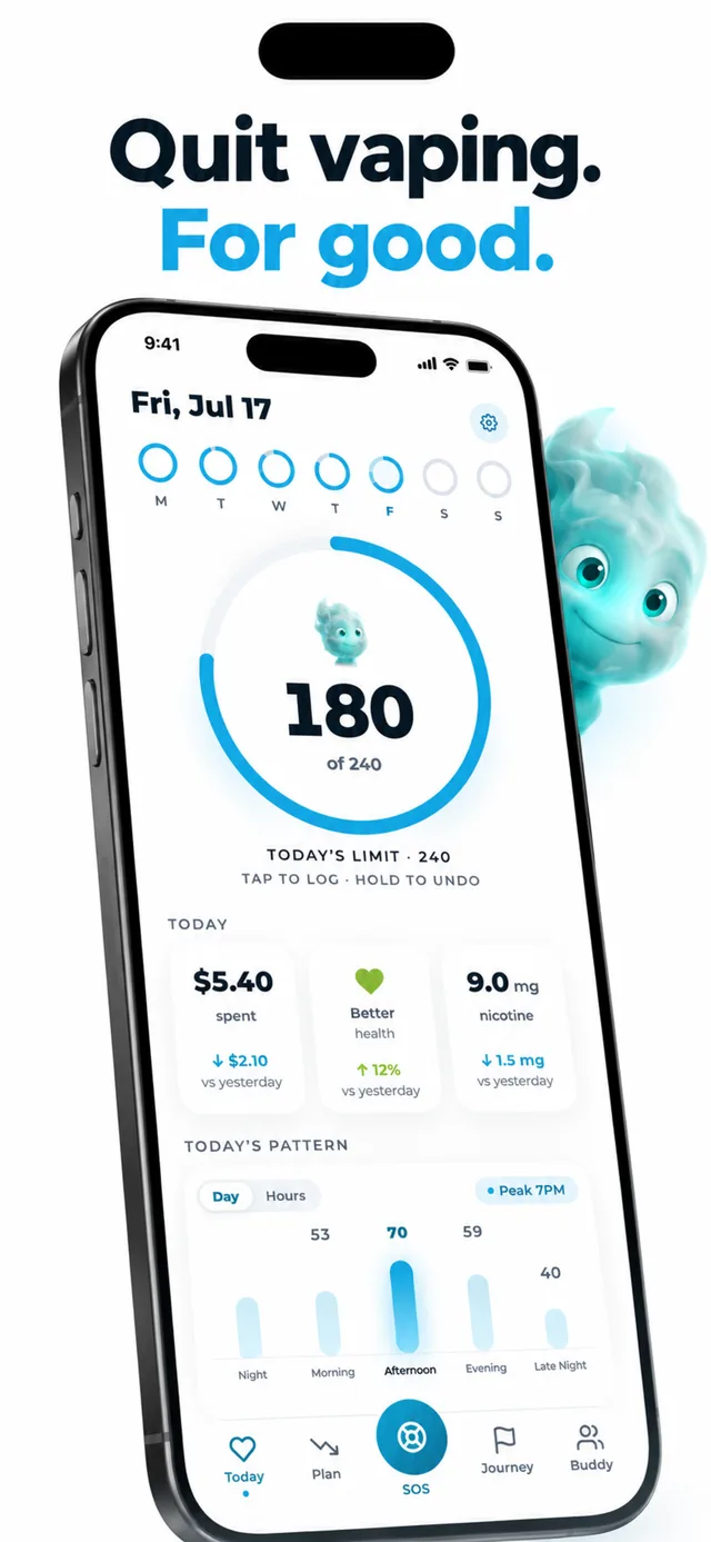 Aeris app Today screen tracking daily puffs, money saved, and nicotine
