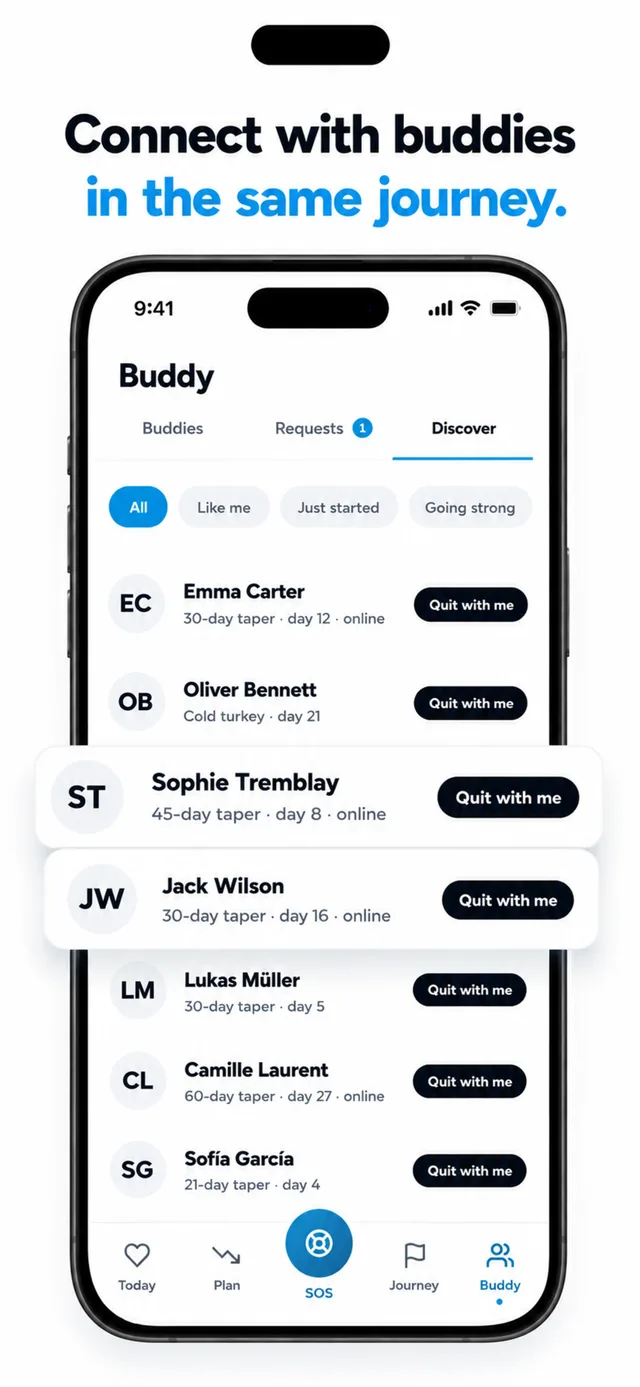 Aeris Buddy Discover screen matching you with other people quitting vaping