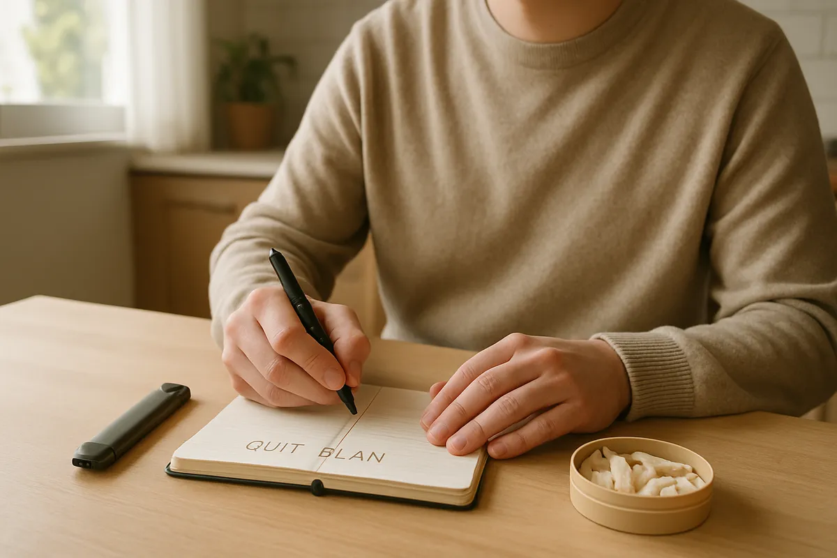 Person sitting at a table comparing a vape device and a can of nicotine pouches with a notepad for a quit plan