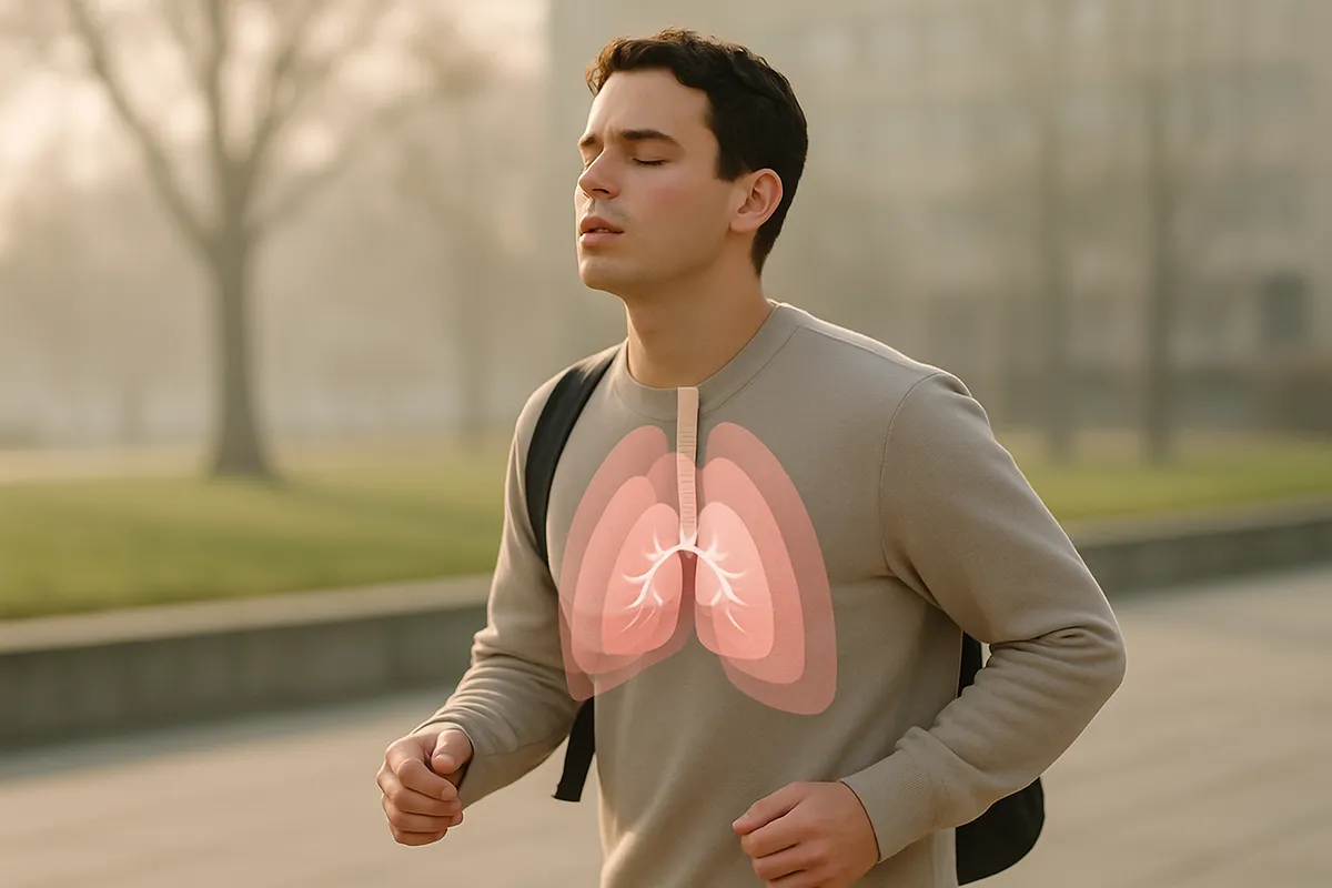 Person exhaling deeply while walking outdoors, with an illustrated timeline of lung healing milestones in the background