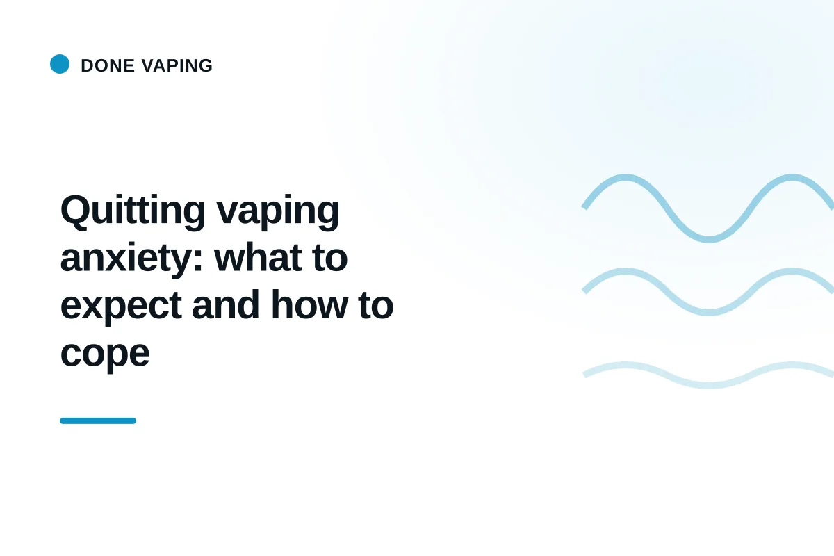 A young adult sitting on a couch practicing deep breathing with a phone timer running, resisting the urge to vape